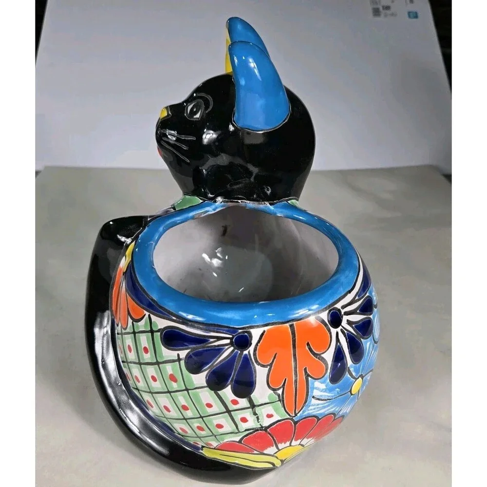 Talavera Cat PlanterMexican Pottery Art Hand Painted Pot 8.5